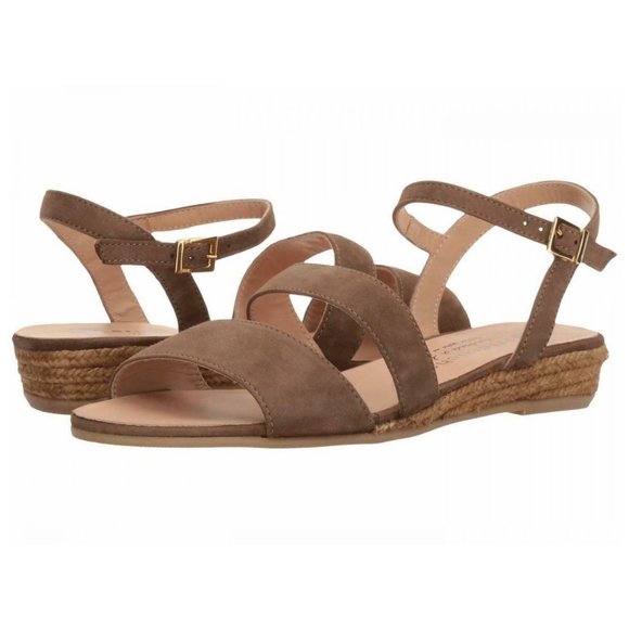 NEW Eric Michael Women Nika Beige Suede Slide Ankle Strap Buckle Low Wedge Dress - Picture 1 of 7